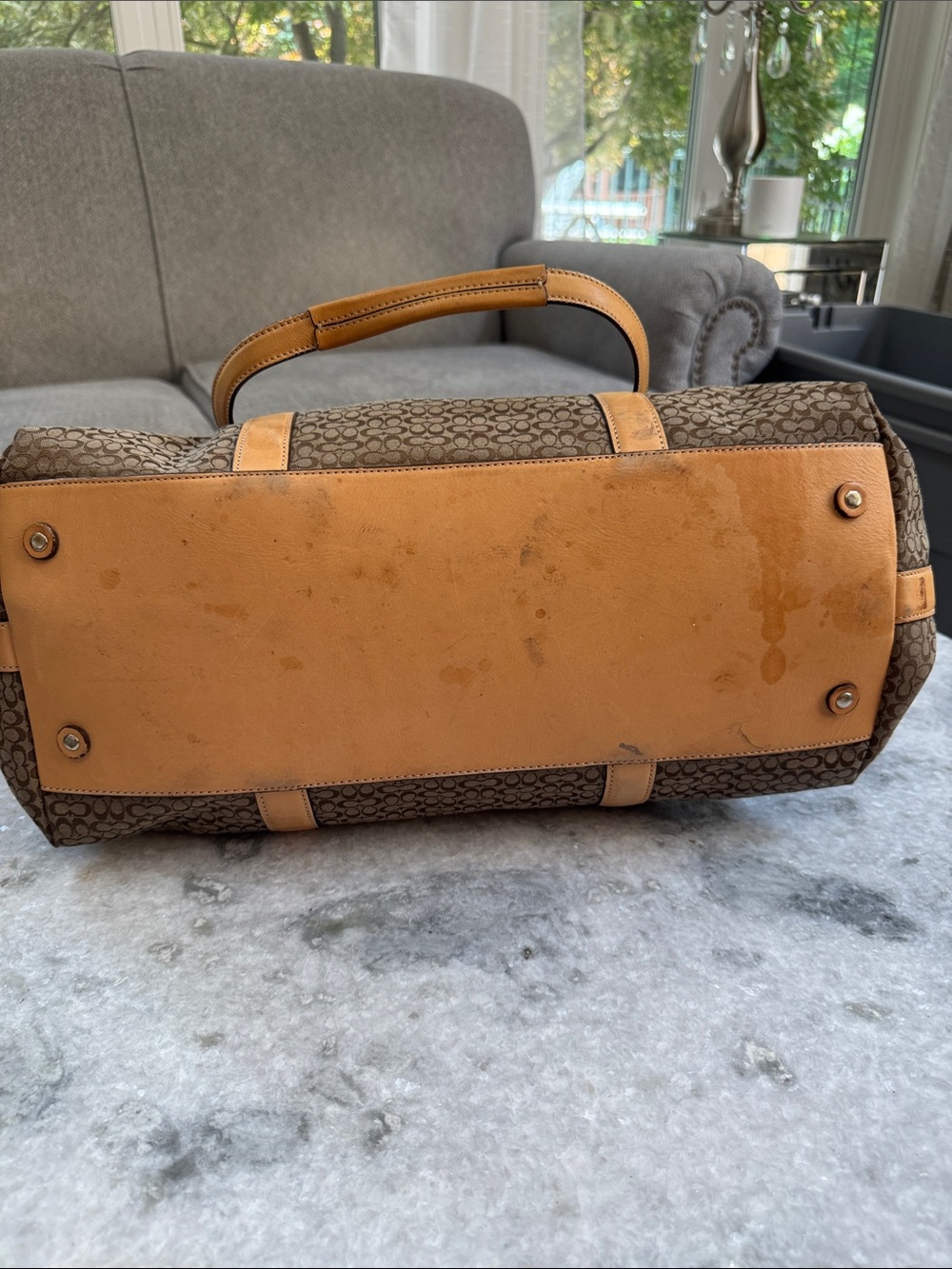Coach Brown Signature weekend Tote with Tan Trim and Leather Straps - Picture 7 of 7